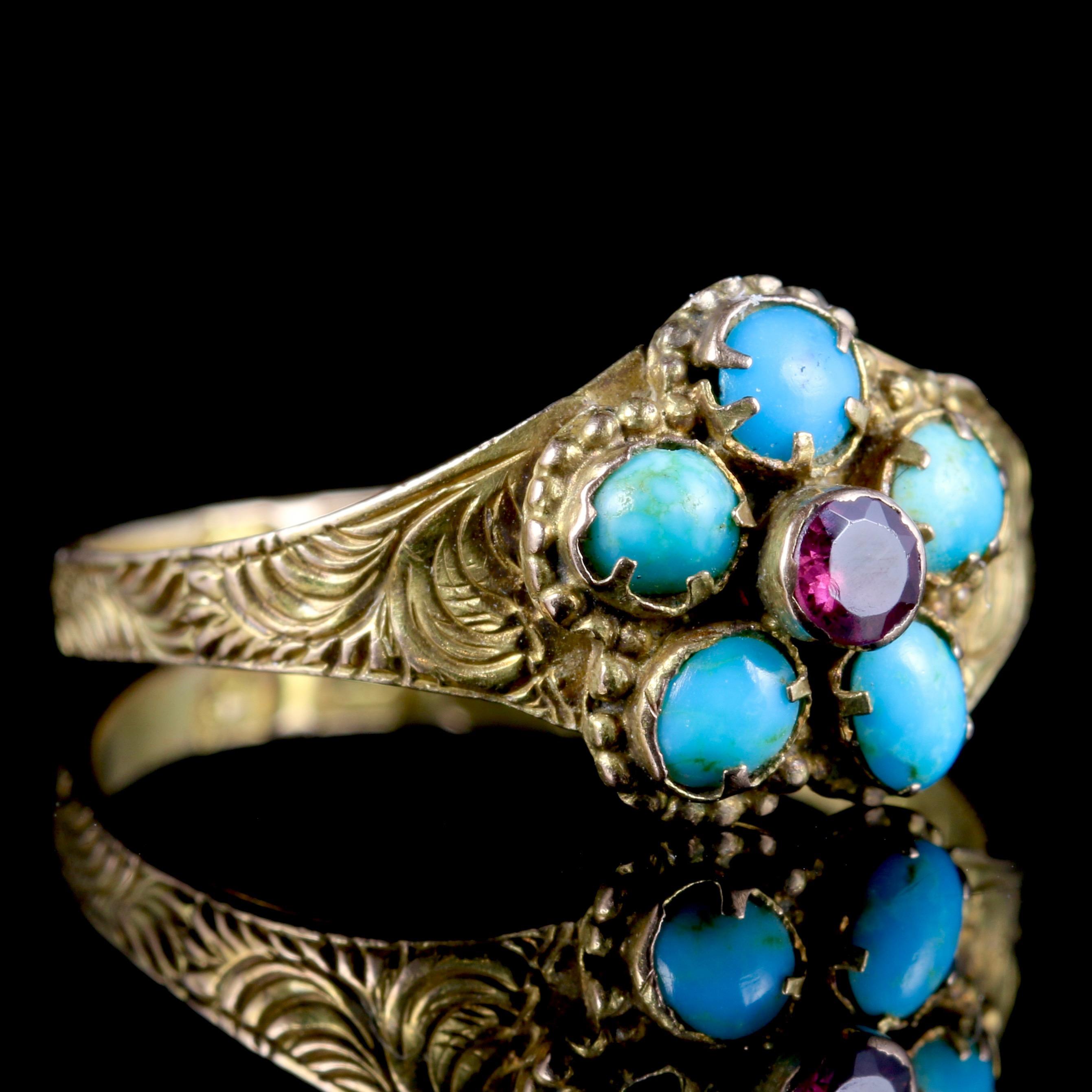 Women's Antique Georgian Turquoise Ruby Ring 12 Carat, circa 1800