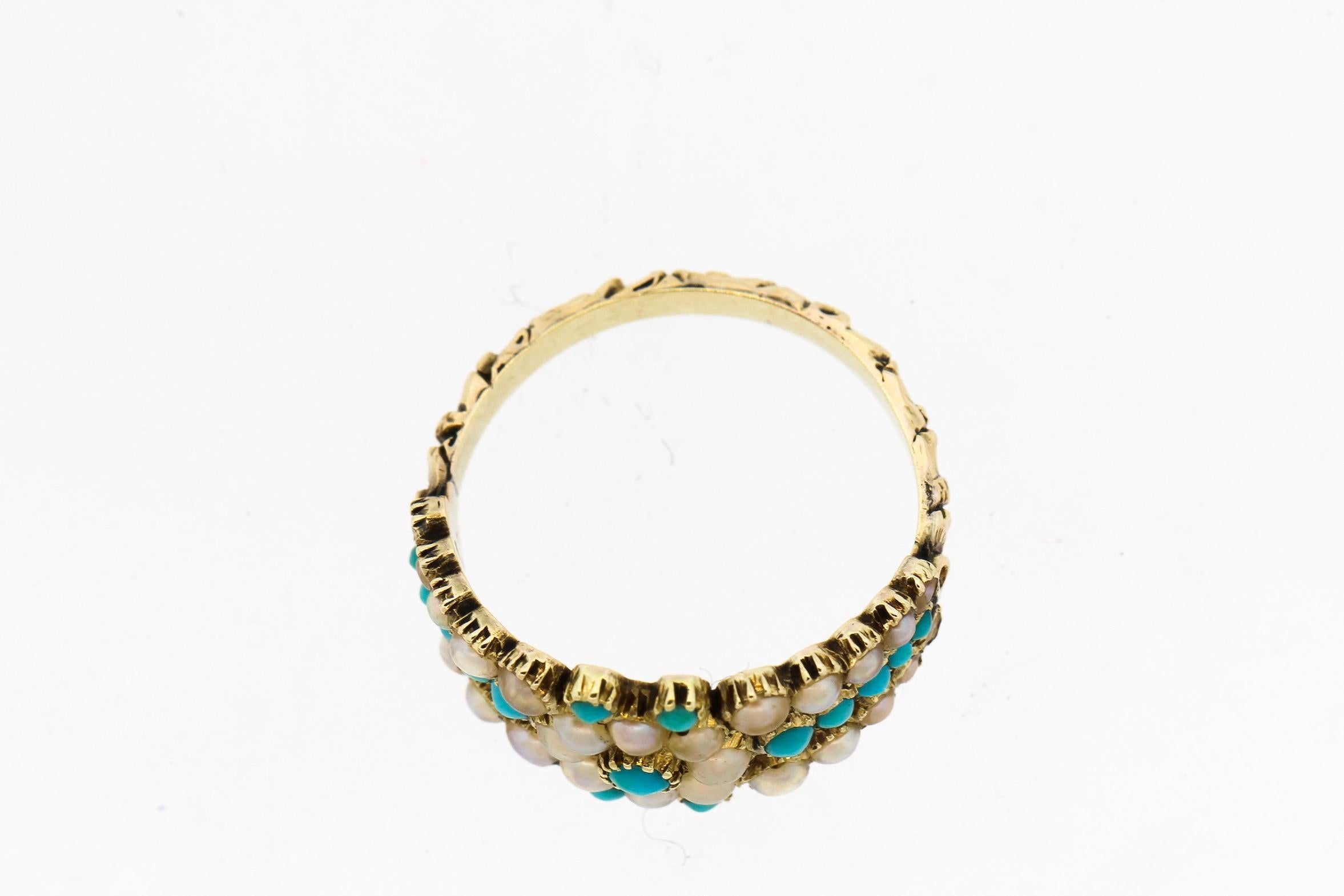 Women's or Men's Antique Georgian Turquoise Split Pearl Engraved Gold Ring