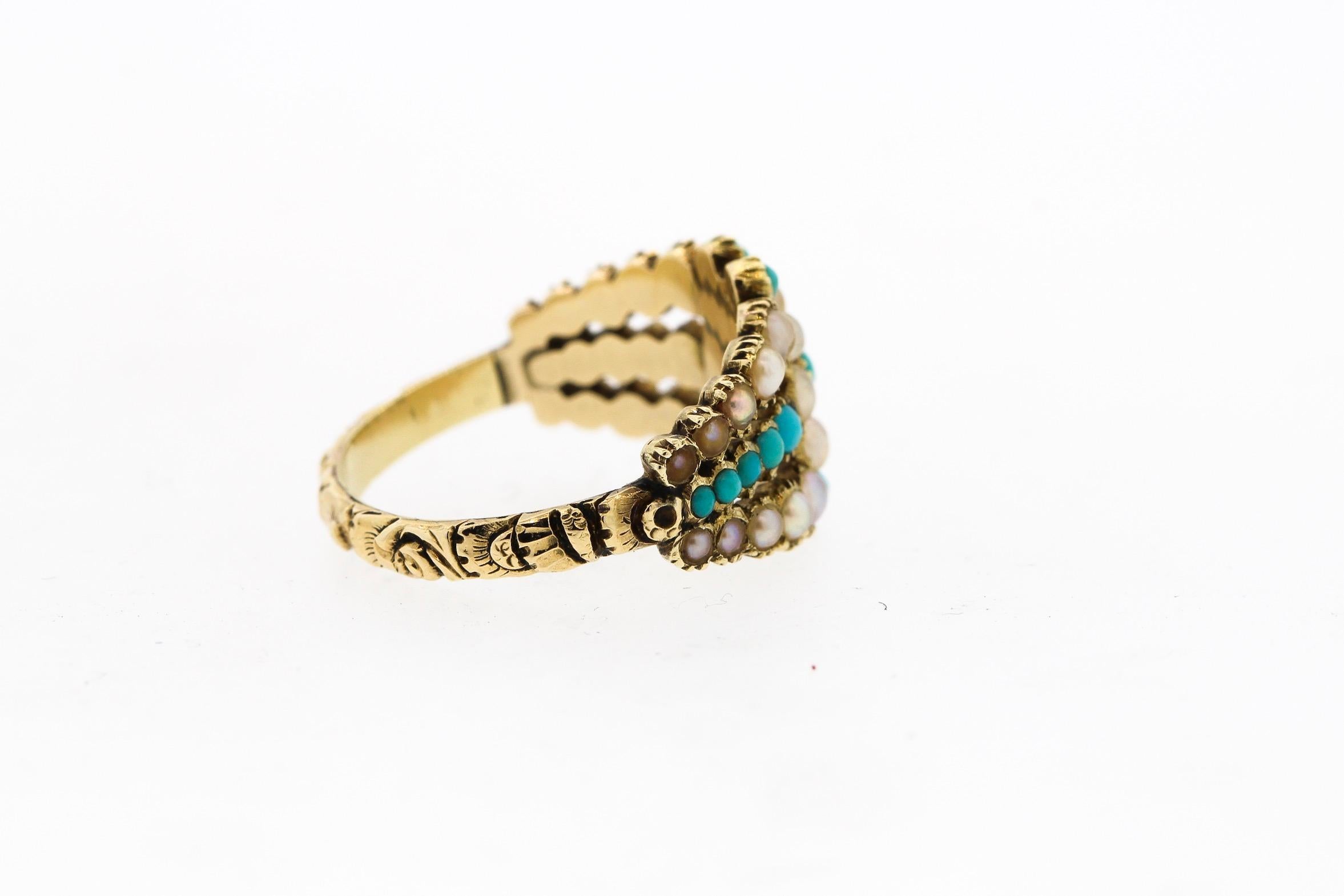 Antique Georgian Turquoise Split Pearl Engraved Gold Ring 1