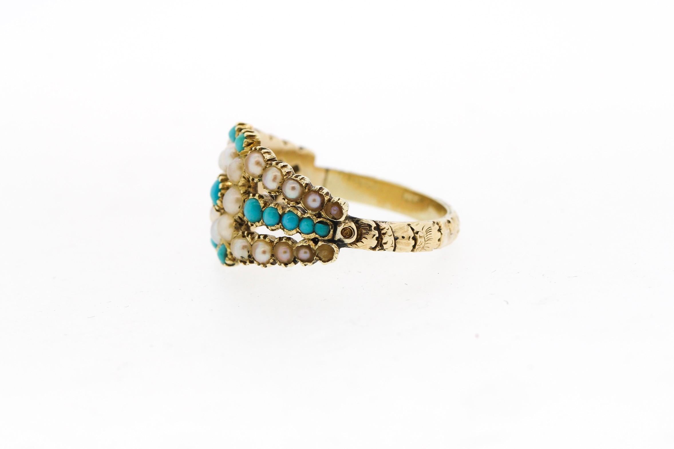 Antique Georgian Turquoise Split Pearl Engraved Gold Ring 3