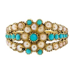 Antique Georgian Turquoise Split Pearl Engraved Gold Ring