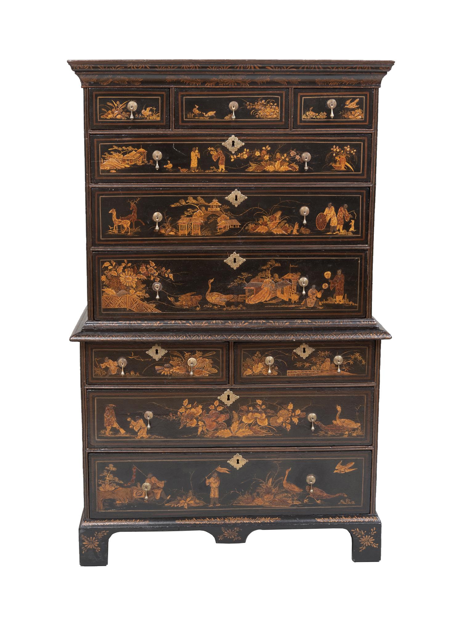 A truly special George I chest of drawers. Late 17th - Early 18th Century. It consists of two case pieces designed to fit one on top of the other. The fine craftsmanship and woodwork bring together a total of 10 drawers, varying in length. A