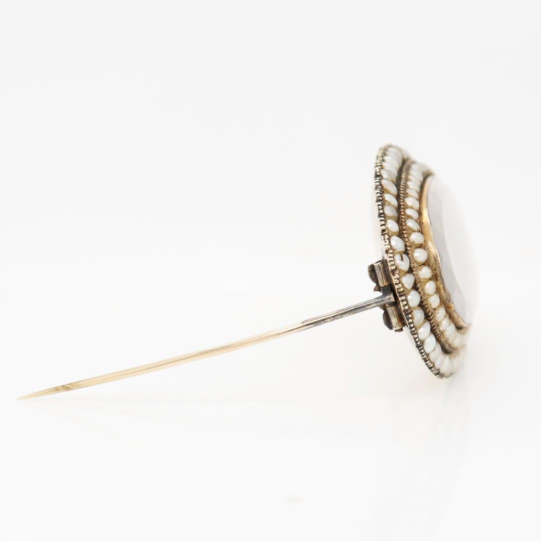 Round Cut Antique Georgian/Victorian 14k Gold and Seed Pearl Braided Hair Mourning Brooch For Sale