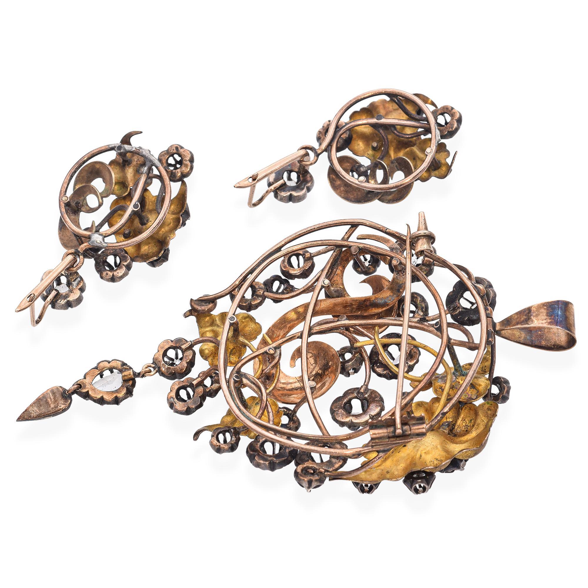 Taille rose Boucles d'oreilles et pendentifs en diamant taillé en rose à motif de vigne de l'Antiquité géorgienne en vente