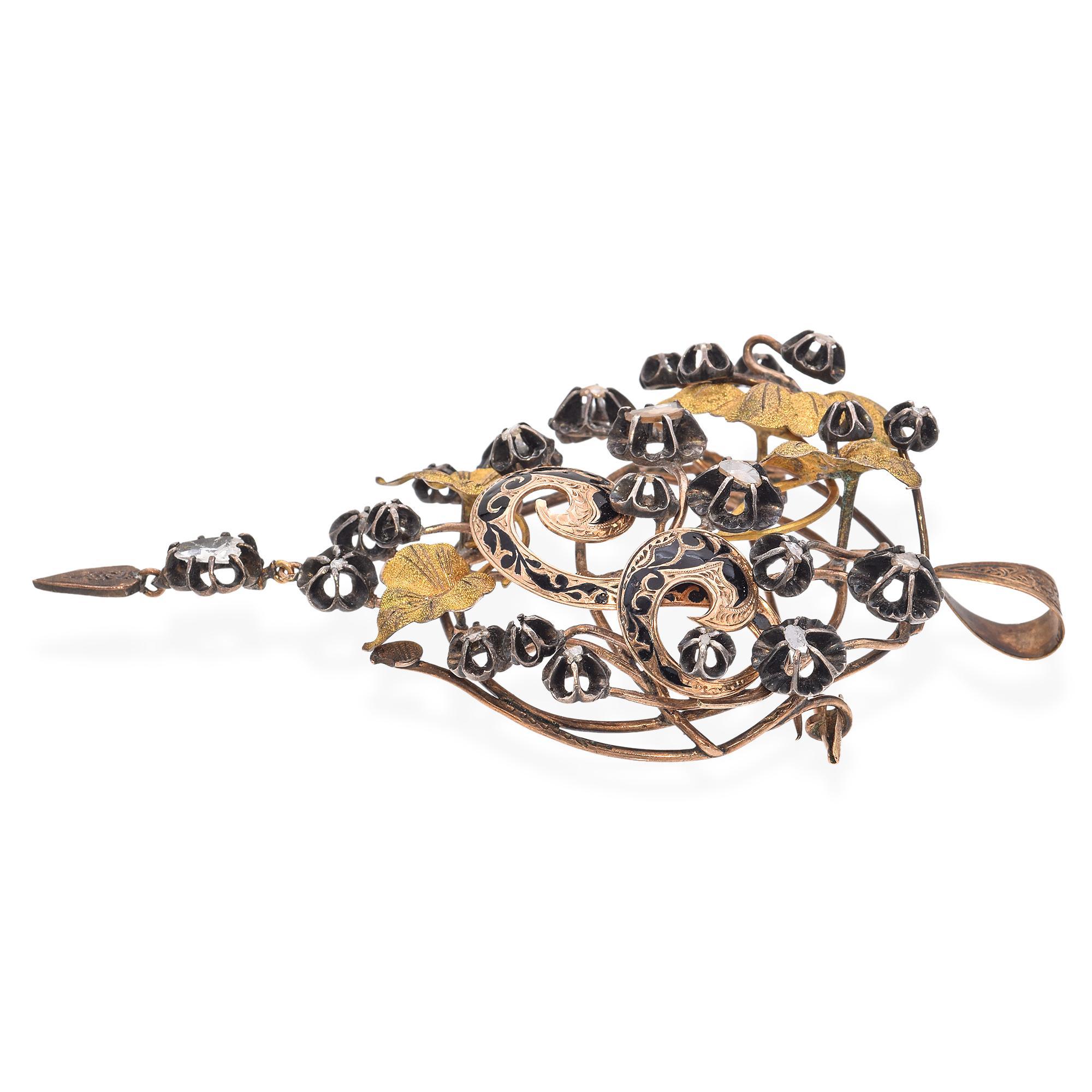 Boucles d'oreilles et pendentifs en diamant taillé en rose à motif de vigne de l'Antiquité géorgienne Pour femmes en vente