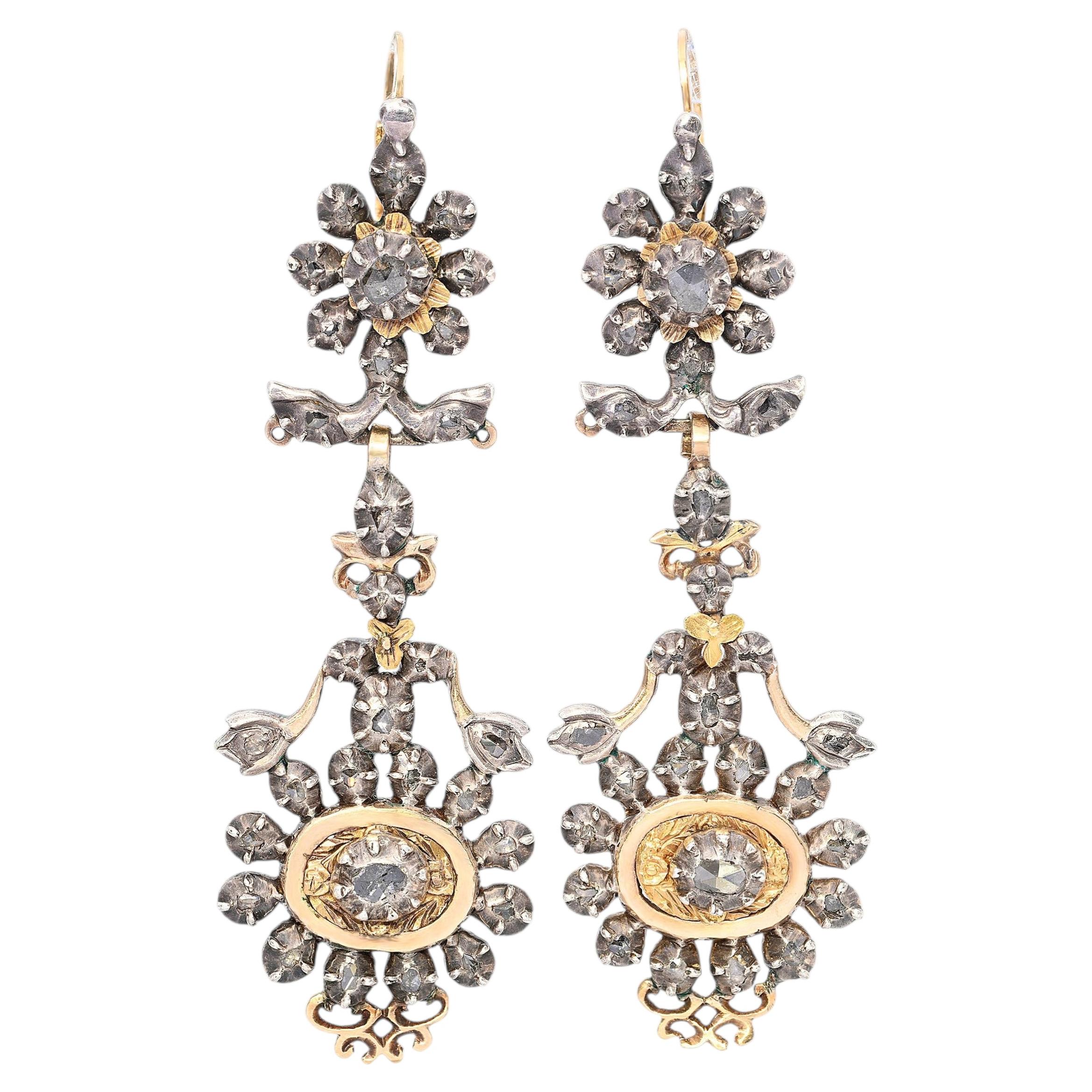 Antique Georgian Yellow Gold and Silver Rose Cut Diamond Earrings
