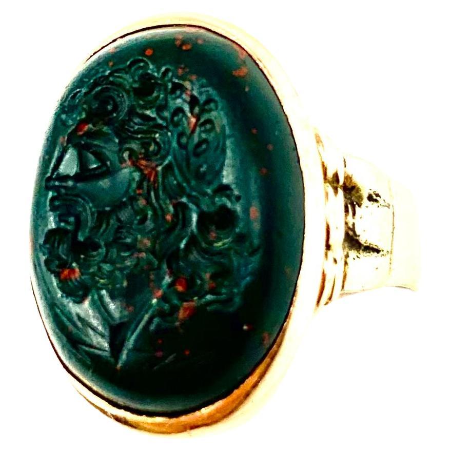 Antique Georgian Zeus Bloodstone Intaglio 14K Rose Gold Signet Ring For Sale