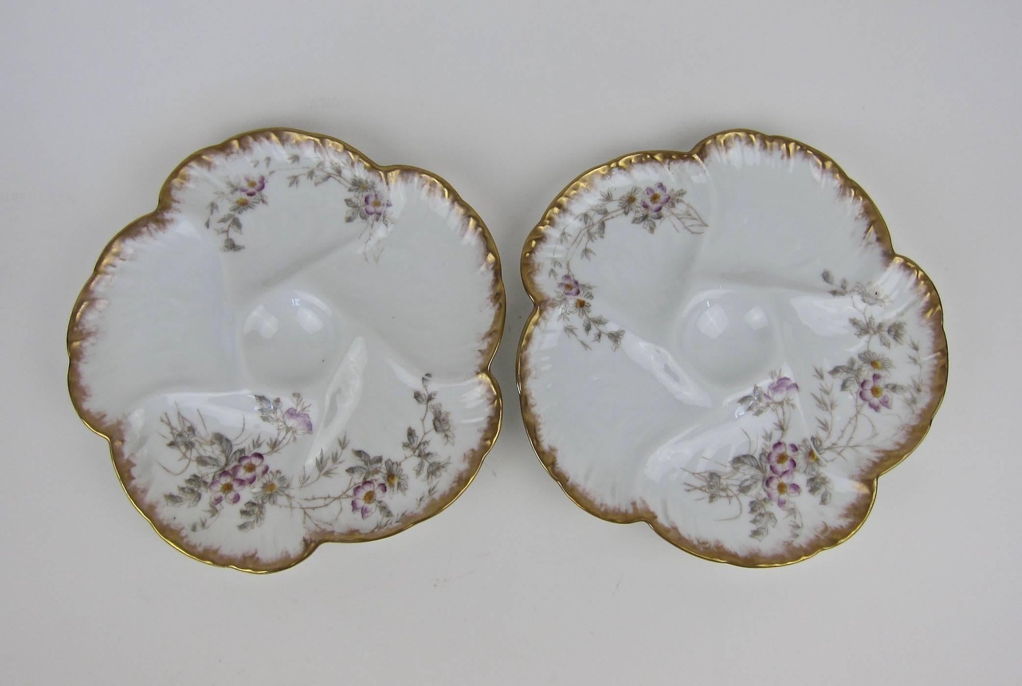 Hand-Painted Antique Limoges Porcelain Oyster Plates by CFH / GDM, 1880s