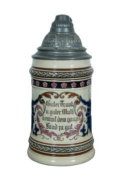 Antique German 1/2L Stoneware Pewter Lidded Beer Stein Mug Tankard 8"