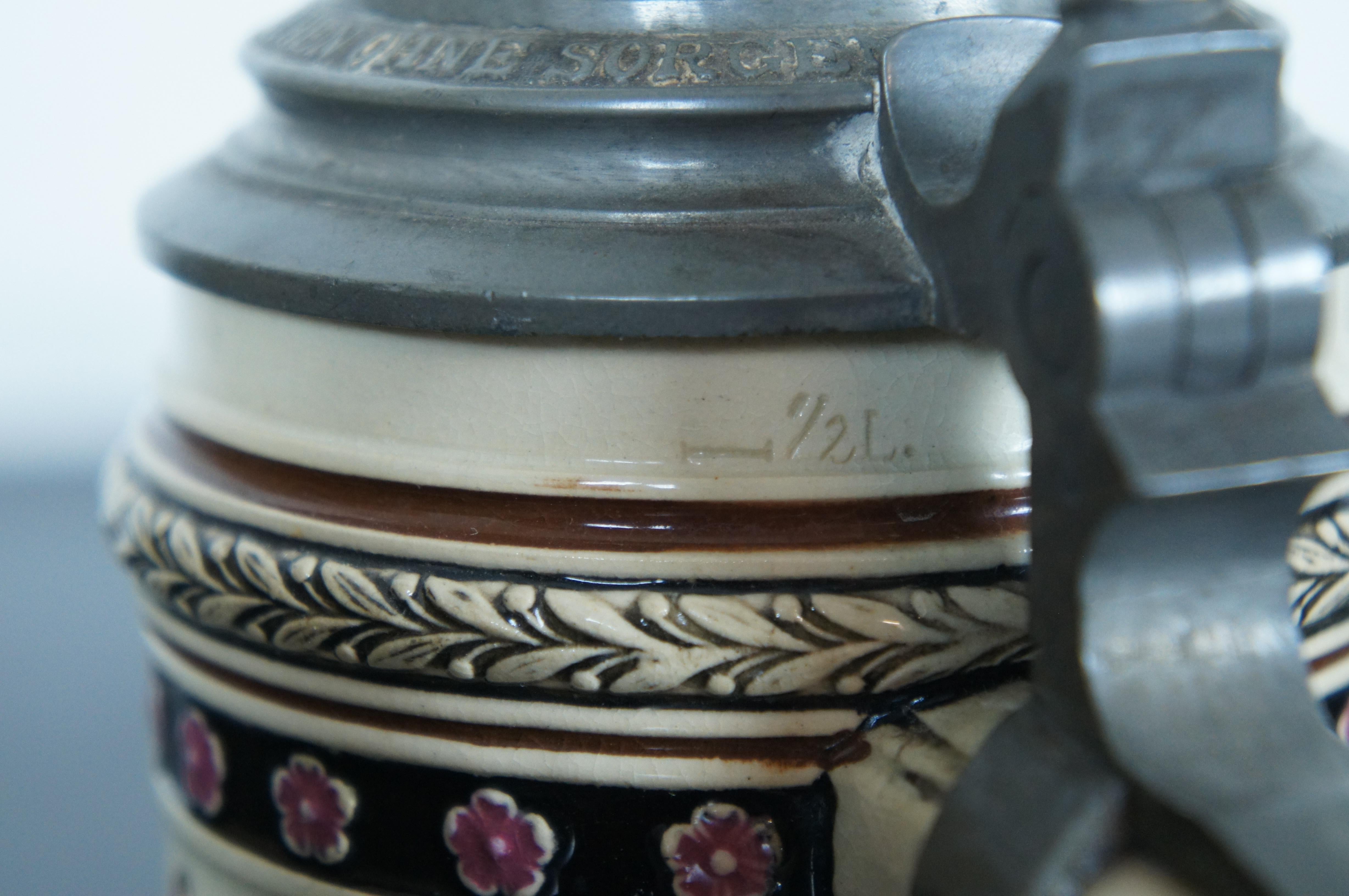 19th Century Antique German 1/2L Stoneware Pewter Lidded Beer Stein Mug Tankard 8