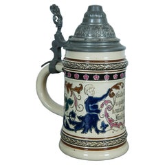 Antique German 1/2L Stoneware Pewter Lidded Beer Stein Mug Tankard 8" (Bière en étain avec couvercle)