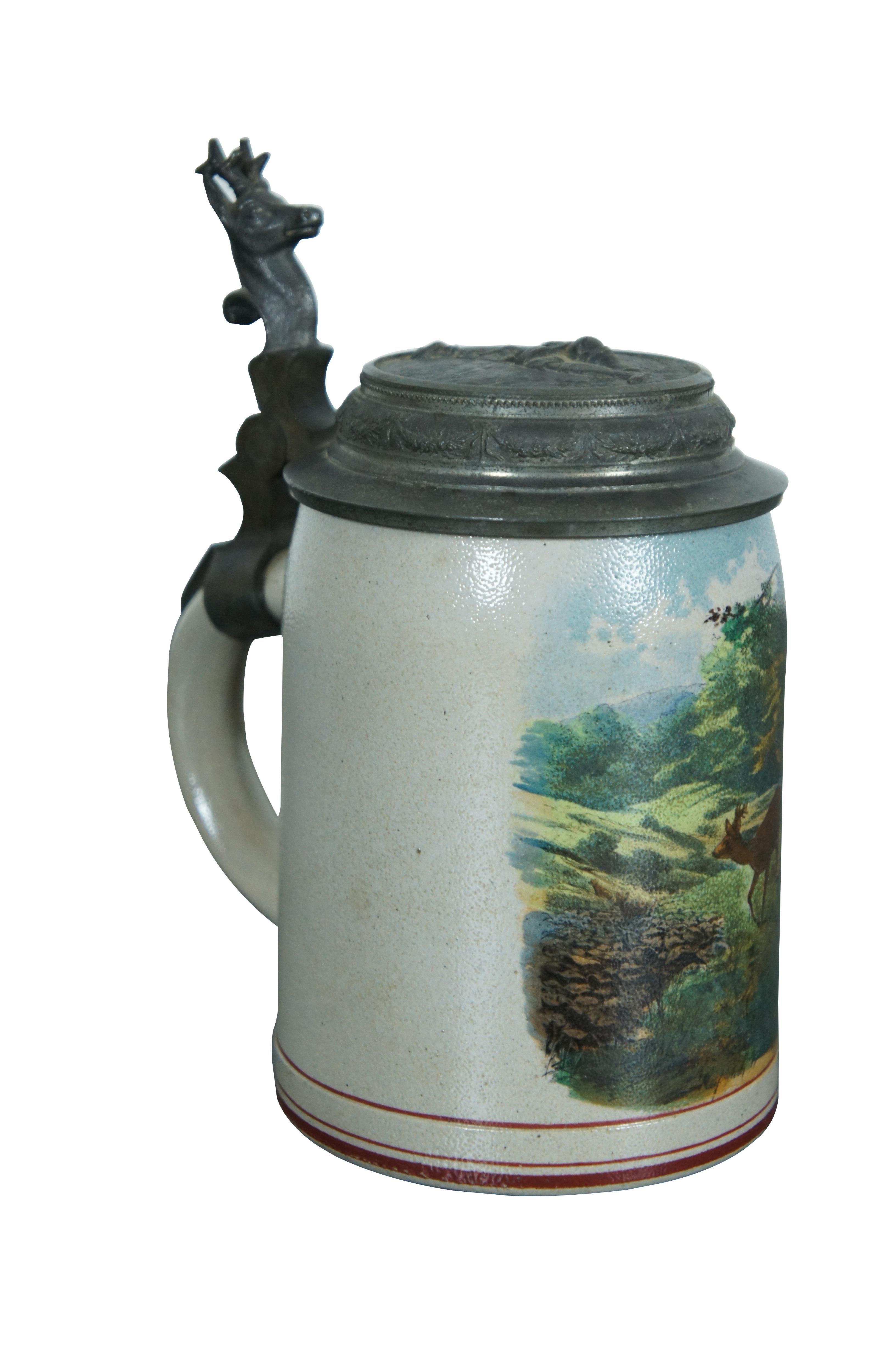 Black Forest Antique German 1/2L Stoneware Pewter Stag Hunt Beer Stein Mug Tankard 7