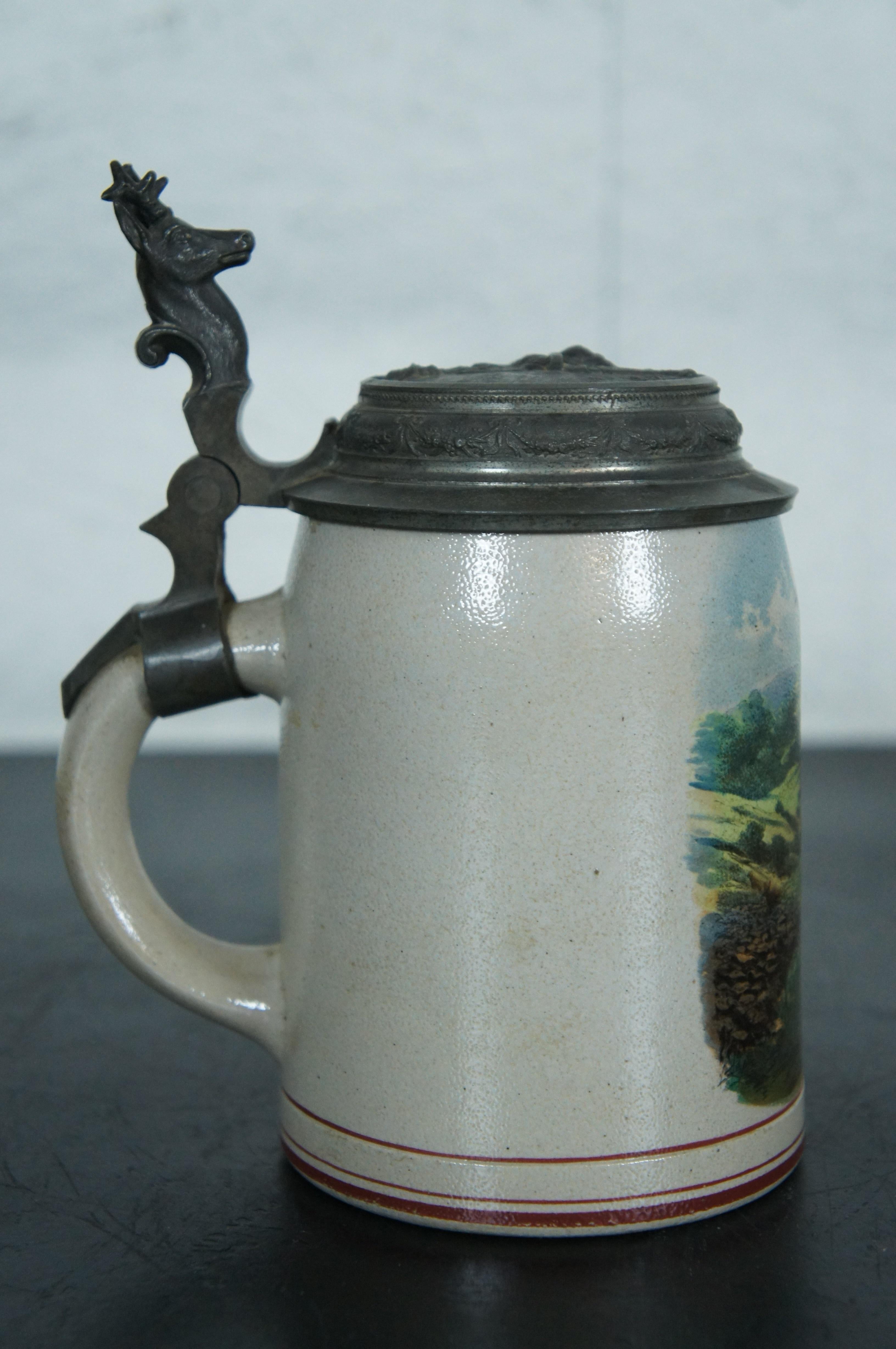 Antique German 1/2L Stoneware Pewter Stag Hunt Beer Stein Mug Tankard 7