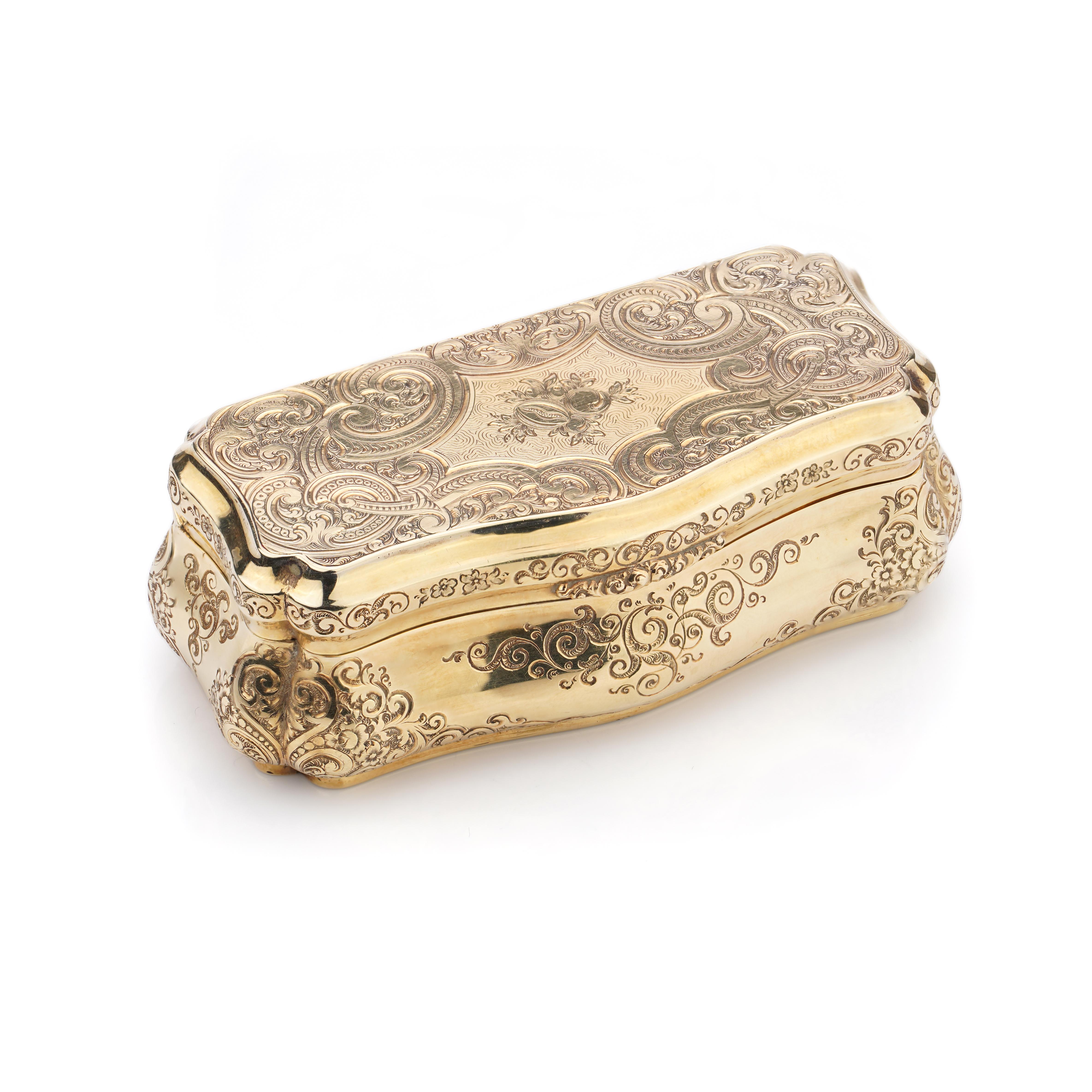 Antique German 14kt. yellow gold snuff - box by Carl Martin Weishaupt & Sons. 
Made in Germany, (fl. c. 1837 - after 1870)
Maker: Carl Martin Weishaupt & Sons 
Hallmarked with Hanau marks, the town mark, circa 1850, with a 14-carat gold mark. 

The