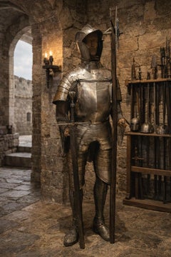 Antique German 15th- 16th Century Infantry Armour with Bascinet, Sword & Halberd