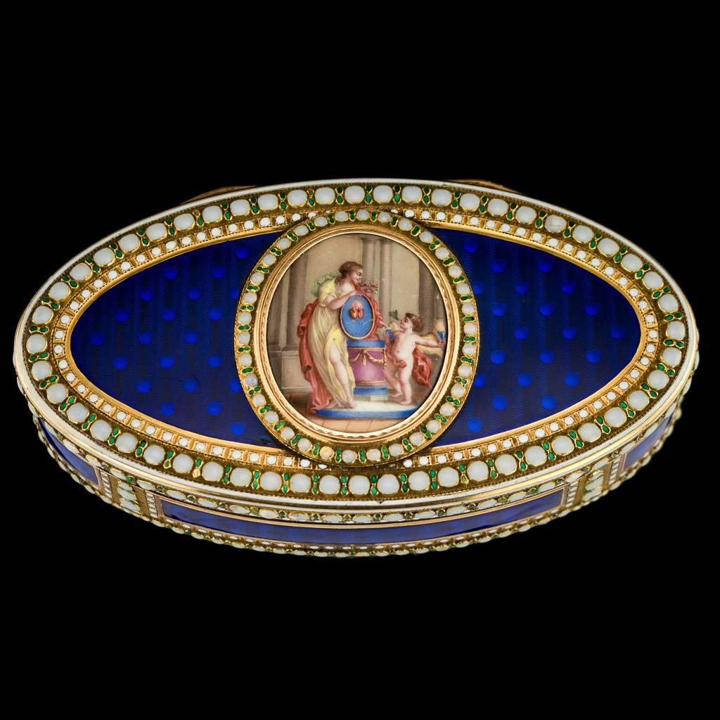 Antique late-18th century German 18-karat gold snuff box, of shallow navette form, the lid set with an oval enamelled plaque depicting a nymph and putto at the altar of love, opalescent bead frame and opal enamel borders, the ground enamelled in