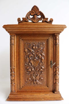 Antique German 1900s Solid Oak Carved Wall Cabinet Apothecary