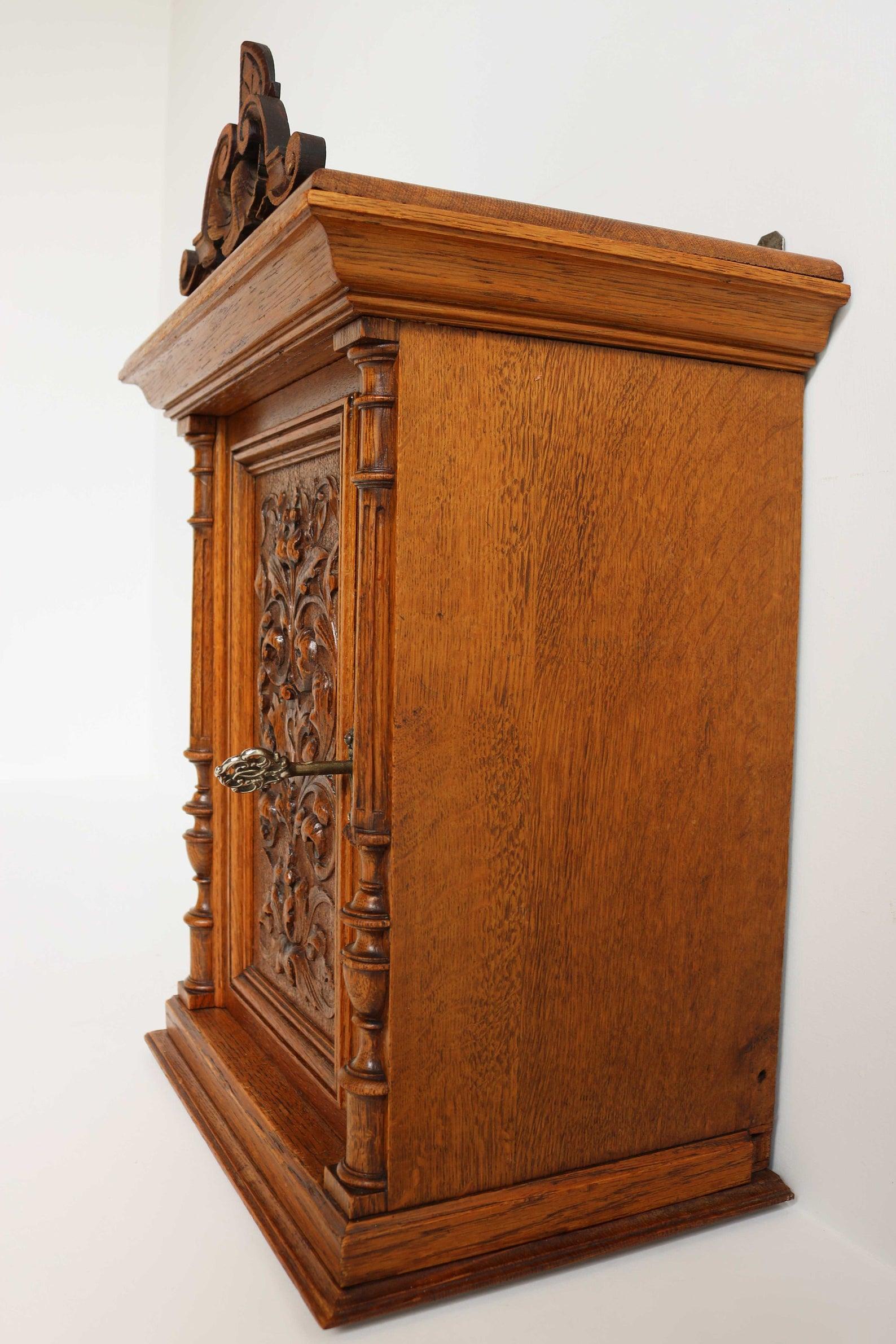 Early 20th Century Antique German 1900s Solid Oak Carved Wall Cabinet Apothecary