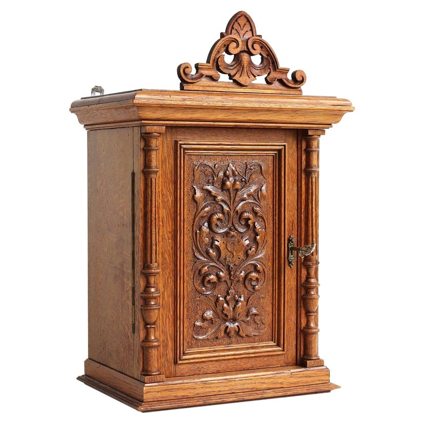 Antique German 1900s Solid Oak Carved Wall Cabinet Apothecary