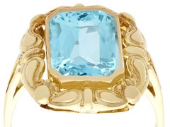 Antique German 4.10 Carat Emerald Cut Aquamarine and Yellow Gold Cocktail Ring