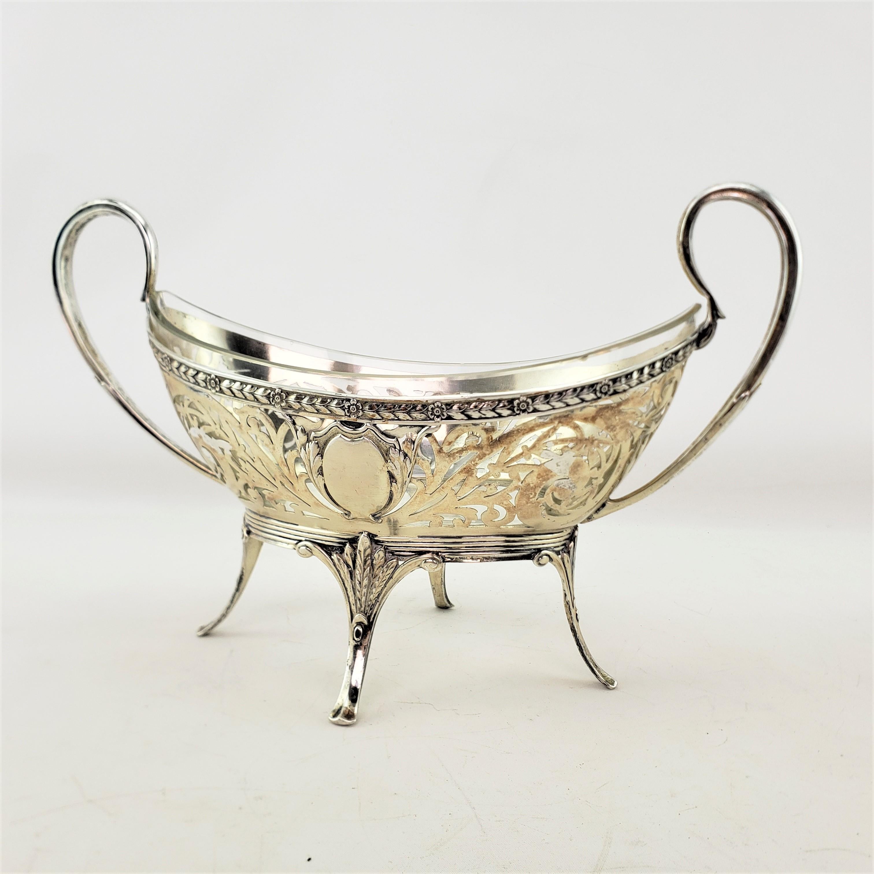 Victorian Antique German .800 Silver & Crystal Lined & Footed Basket or Centerpiece For Sale