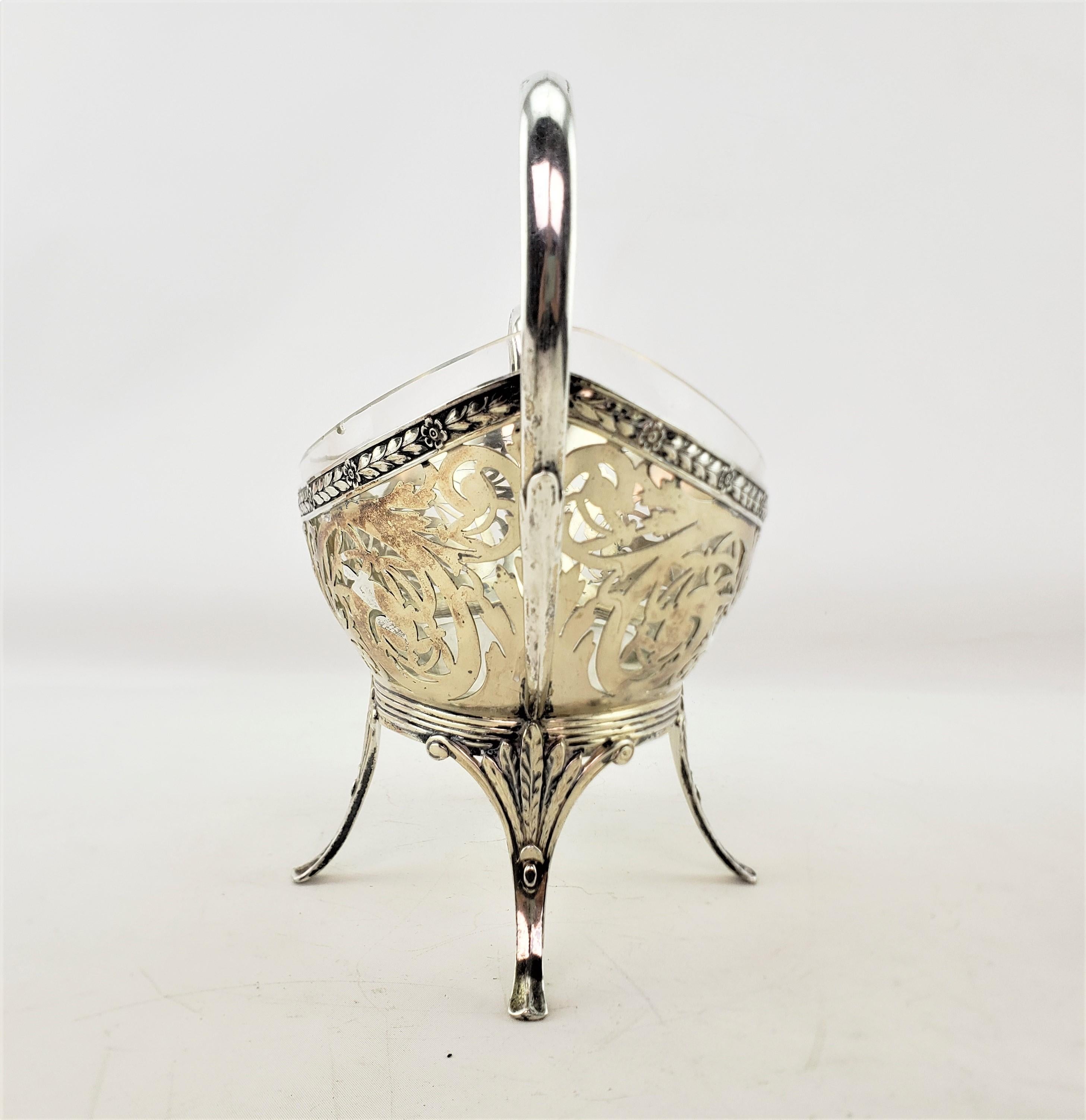 Machine-Made Antique German .800 Silver & Crystal Lined & Footed Basket or Centerpiece For Sale