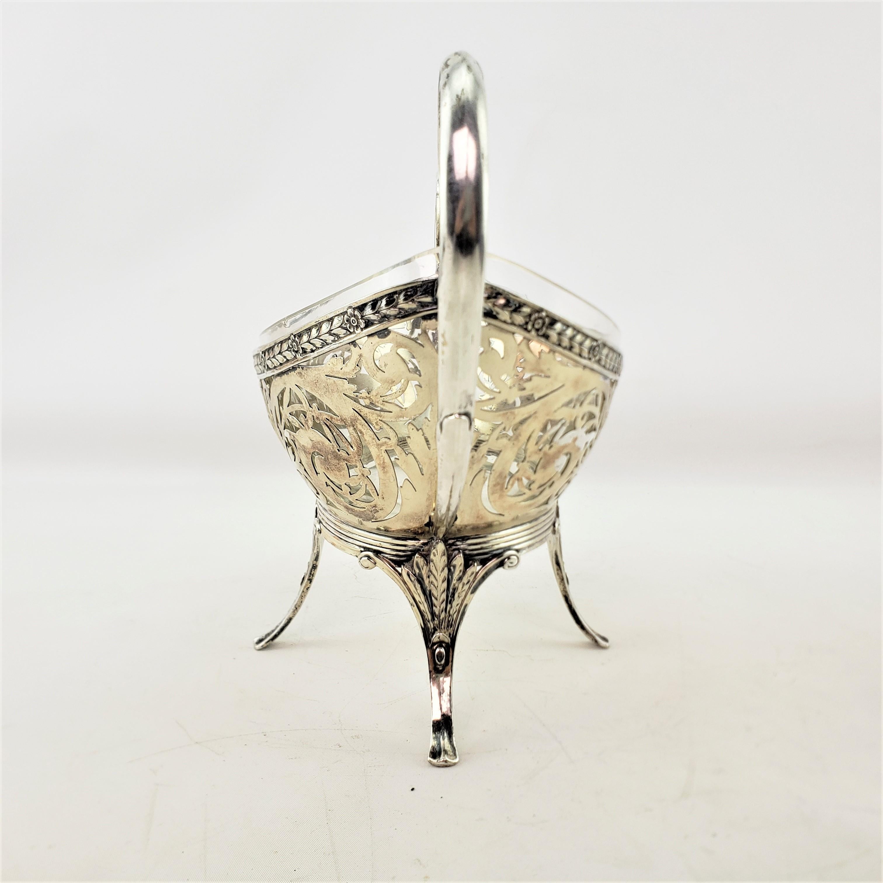 19th Century Antique German .800 Silver & Crystal Lined & Footed Basket or Centerpiece For Sale