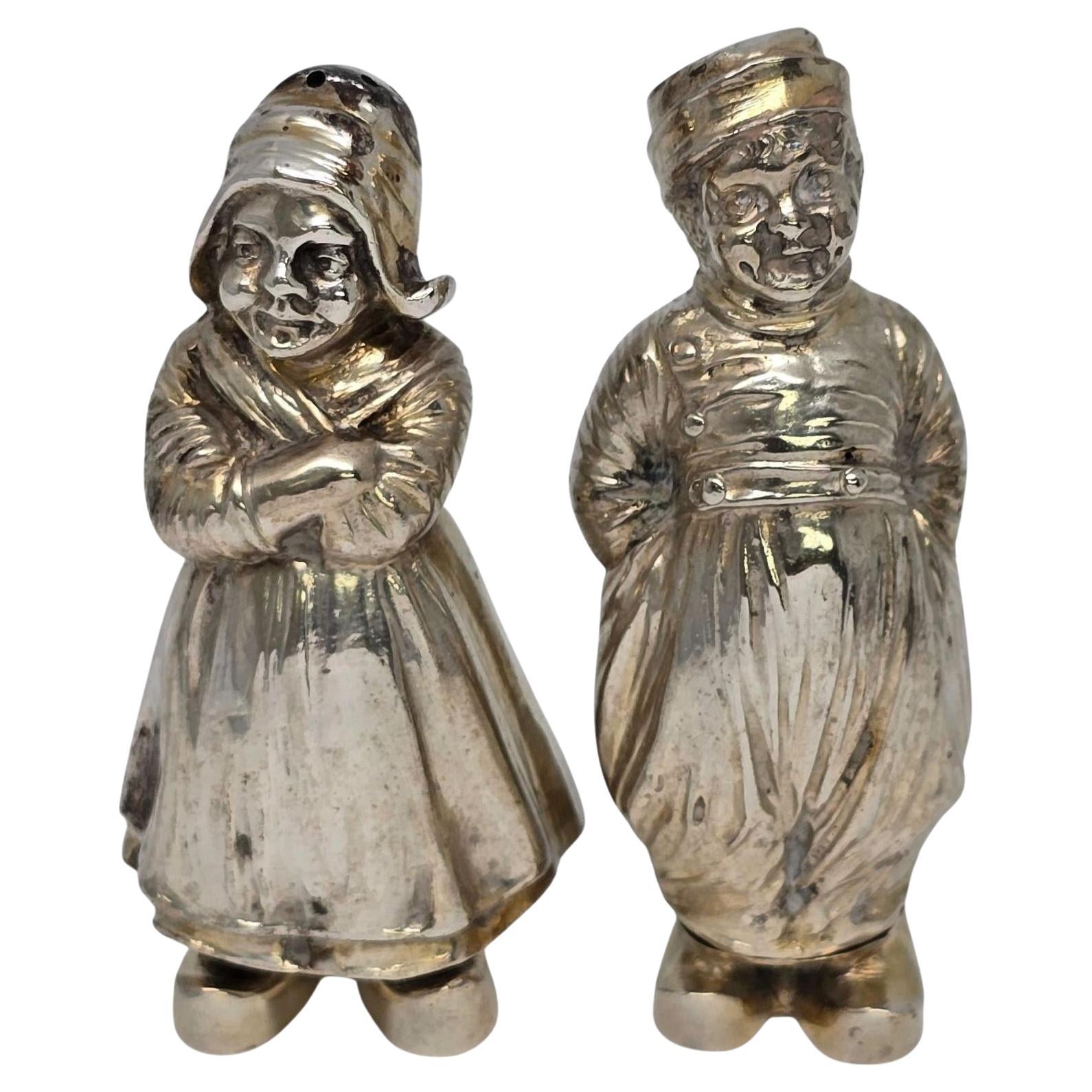 Antique German 800 Silver Dutch Boy and Girl Salt & Pepper Shakers #21582