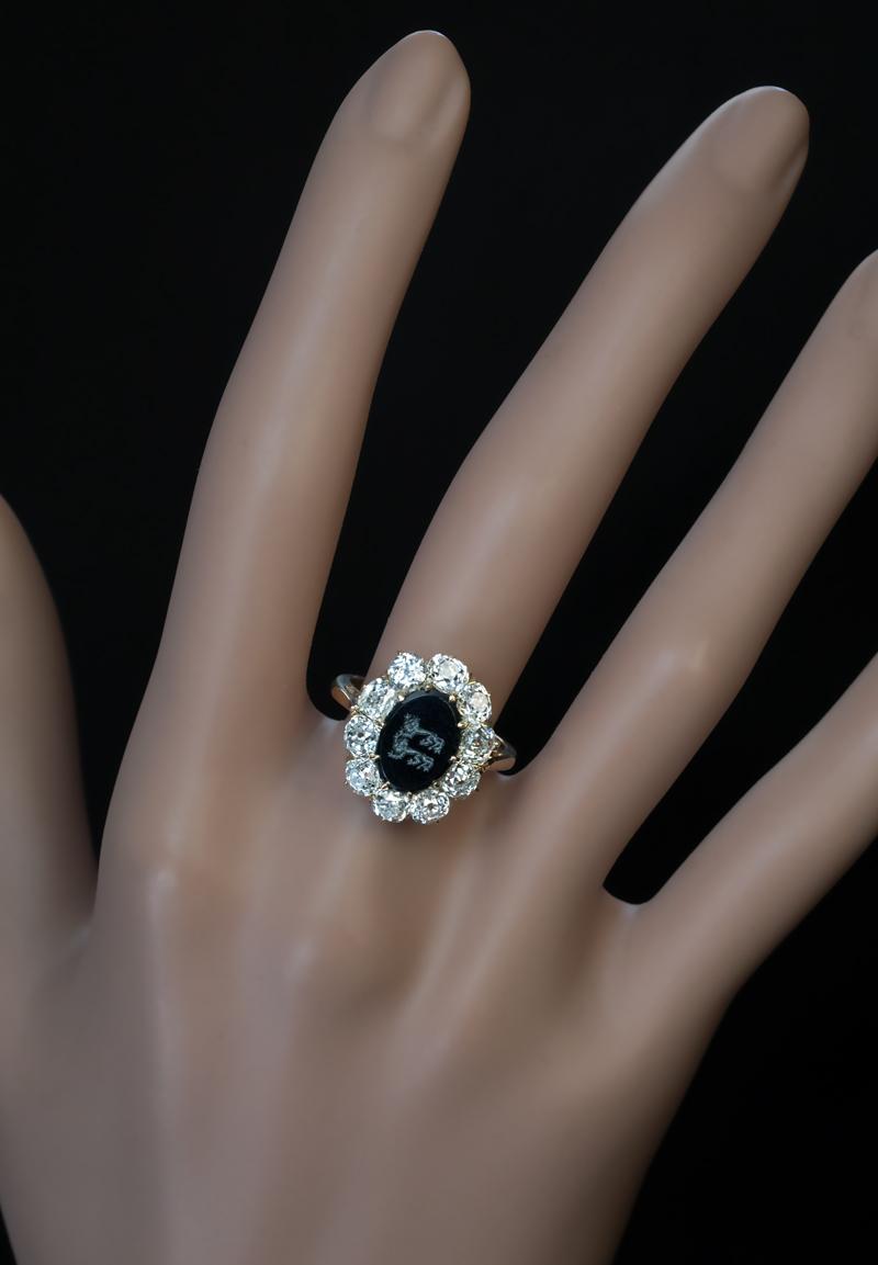 Victorian Antique German Armorial Intaglio Old Mine Cut Diamond Cluster Ring