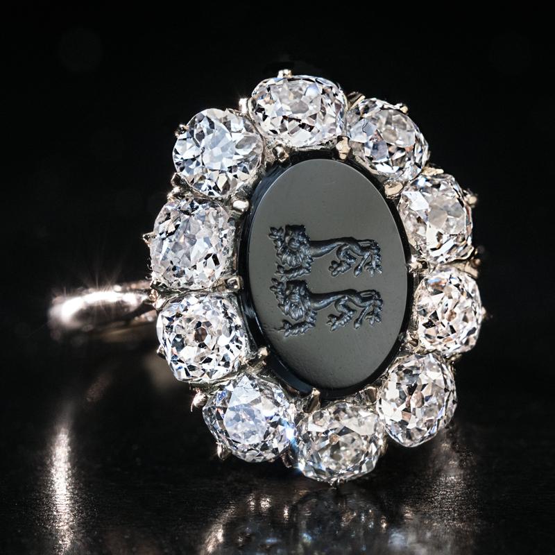 Antique German Armorial Intaglio Old Mine Cut Diamond Cluster Ring In Excellent Condition In Chicago, IL