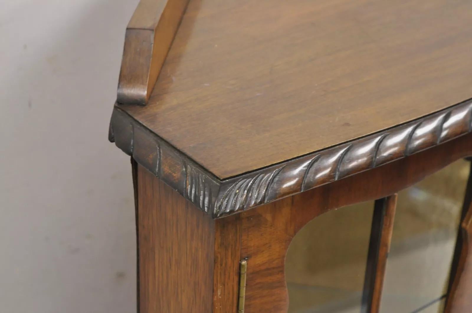 Antique German Art Deco Burl Walnut 2 Door Small Corner Curio Display Cabinet 4
