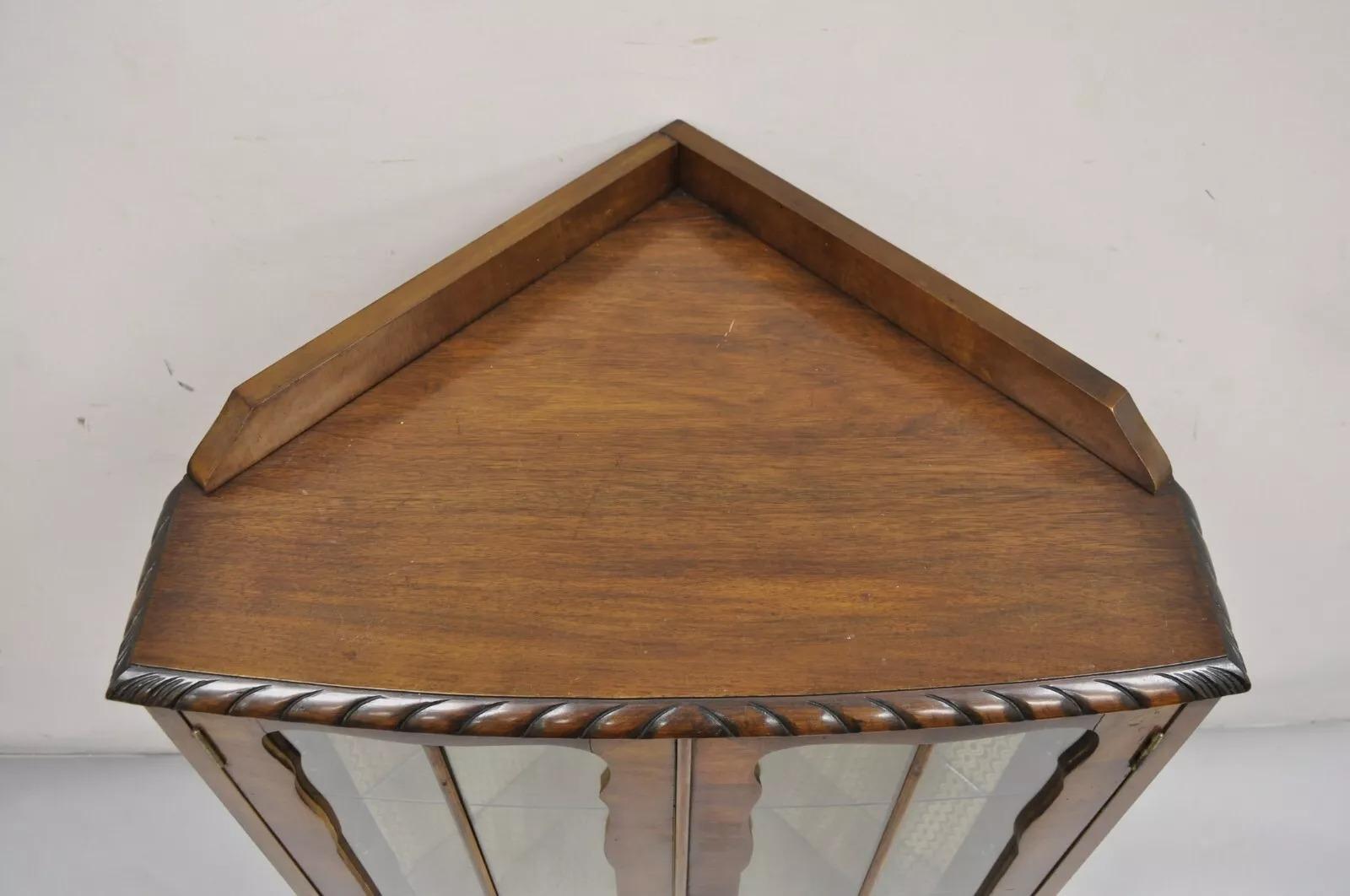 Unknown Antique German Art Deco Burl Walnut 2 Door Small Corner Curio Display Cabinet