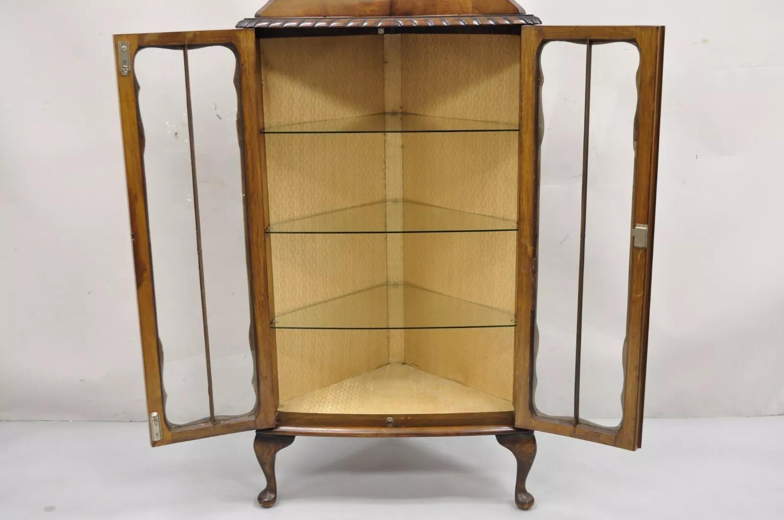 Glass Antique German Art Deco Burl Walnut 2 Door Small Corner Curio Display Cabinet