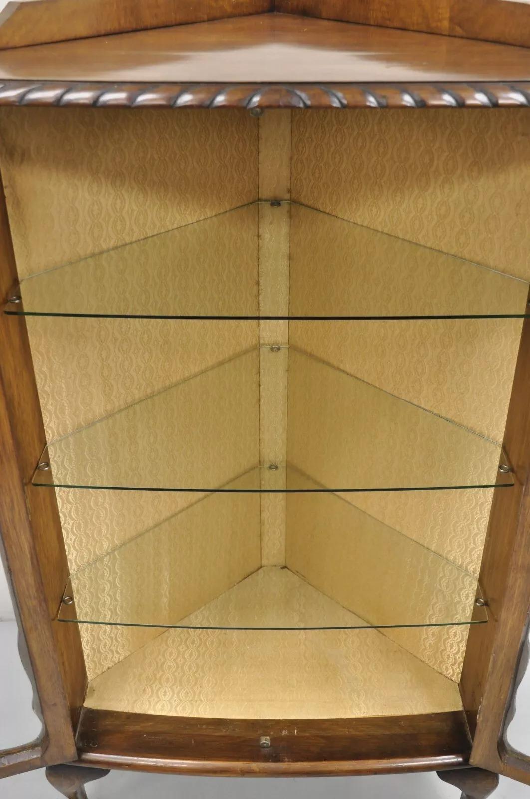 Antique German Art Deco Burl Walnut 2 Door Small Corner Curio Display Cabinet 1