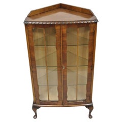 Antique German Art Deco Burl Walnut 2 Door Small Corner Curio Display Cabinet