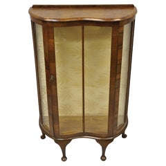 Antique German Art Deco Burl Walnut Zebra Wood Small Glass Curio Display Cabinet