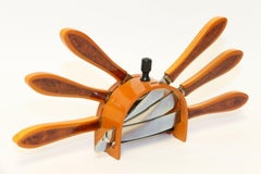 Antique German Art Deco Period 6 Matching Fruit Knives in a Amber Bakelite Stand