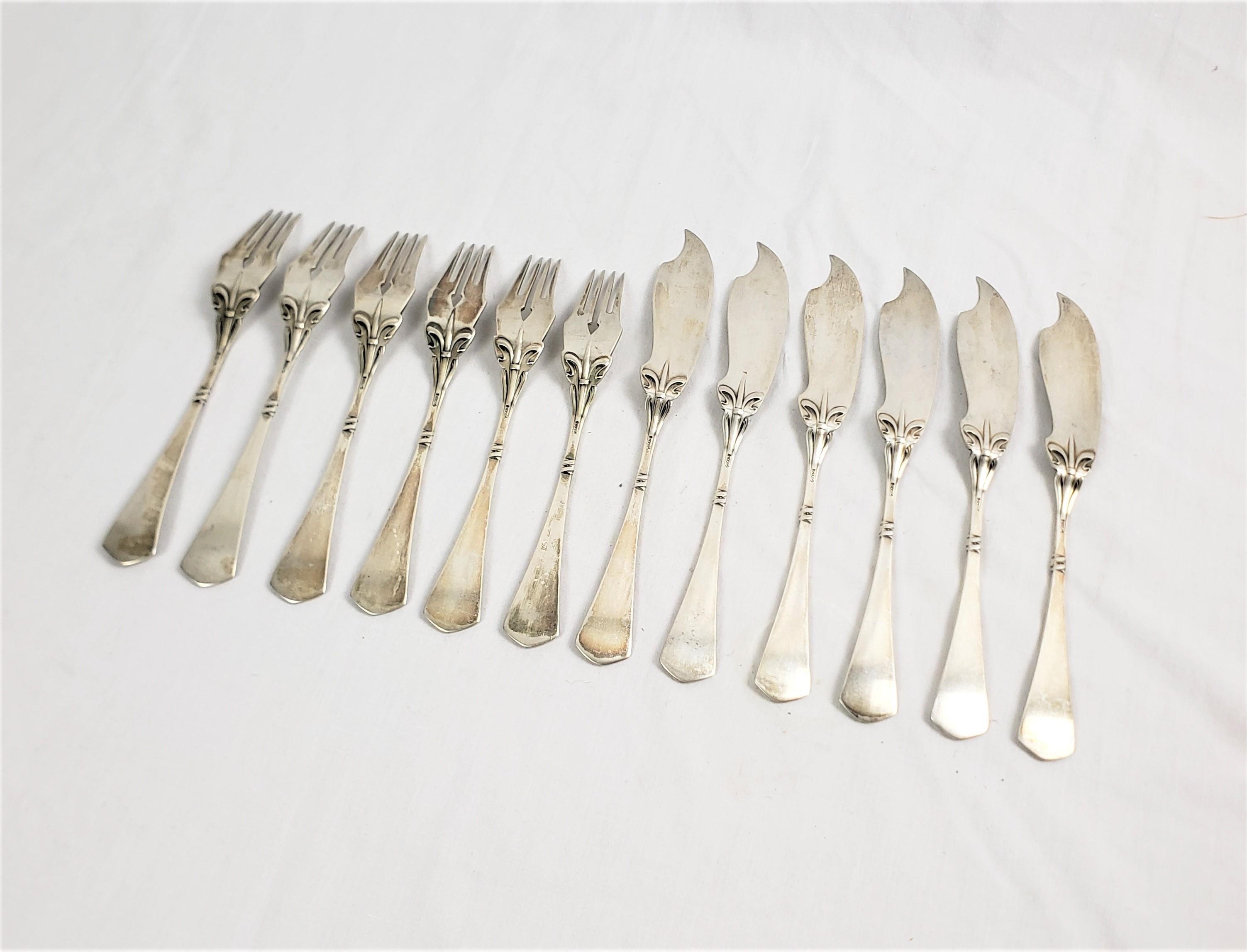 20th Century Antique German Art Nouveau .800 Silver 12 Piece Fish Flatware Serving Set For Sale