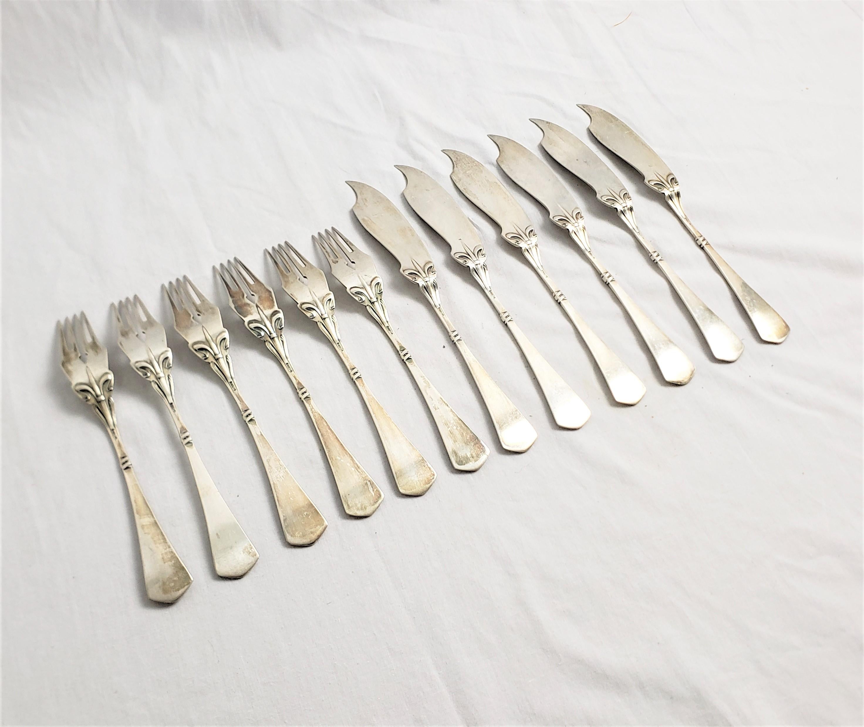 Antique German Art Nouveau .800 Silver 12 Piece Fish Flatware Serving Set For Sale 1