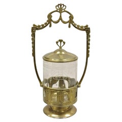 Antique German Art Nouveau Brass Metal Pickle Castor w/ Etched Glass Insert