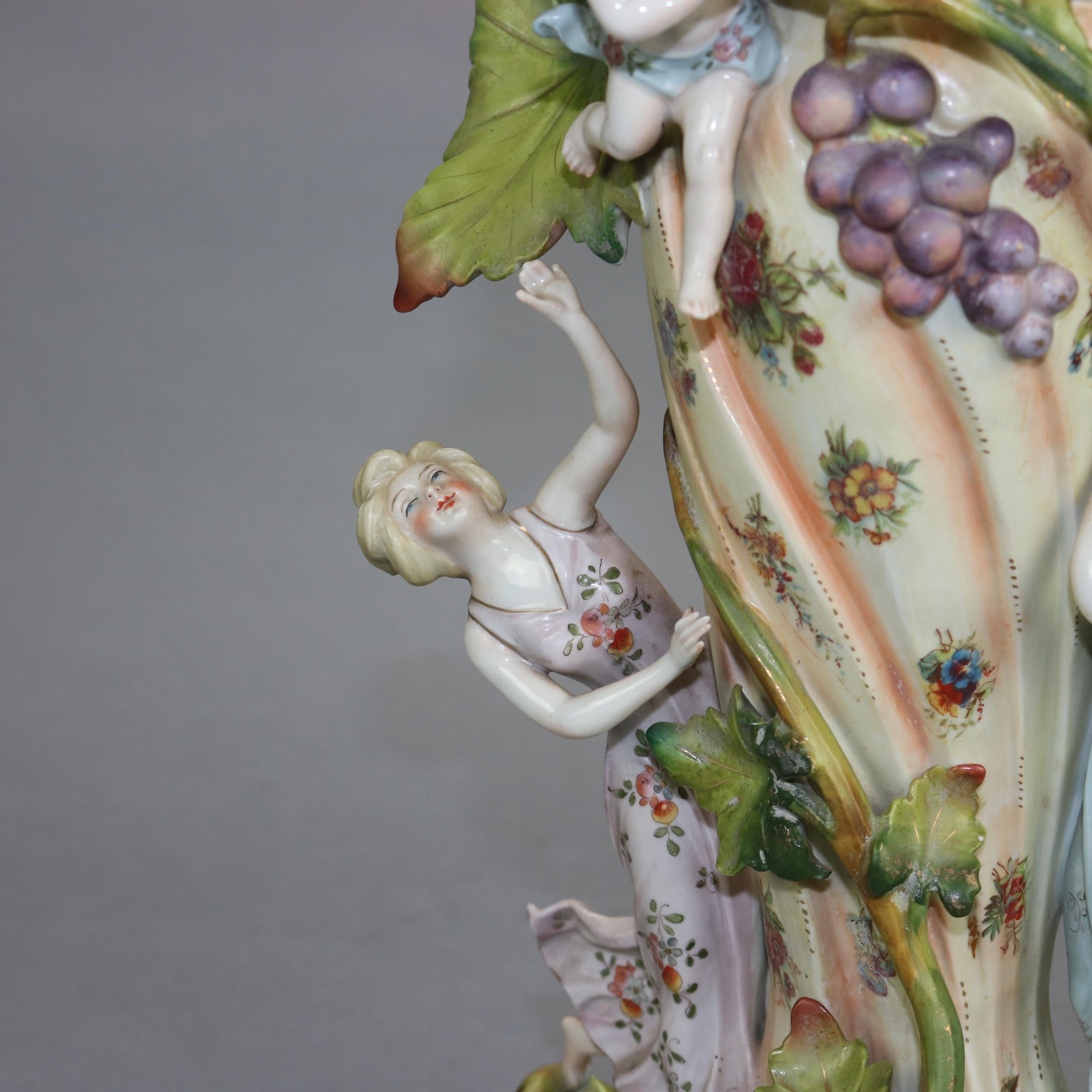 Hand-Painted Antique German Art Nouveau Figural Saxony Porcelain Vase, Circa 1900