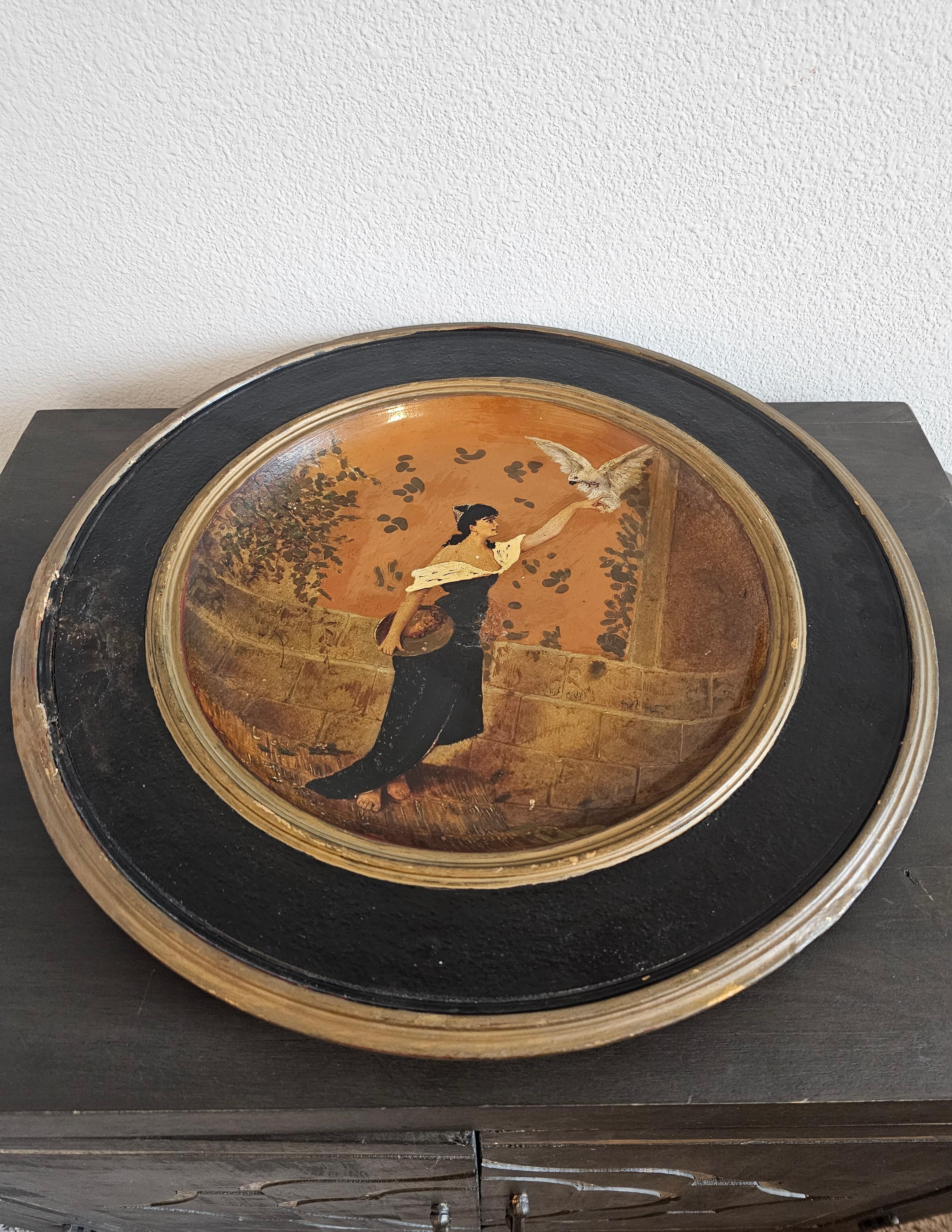 Antique German Art Nouveau Hand Painted Terracotta Charger Wall Plate For Sale 12