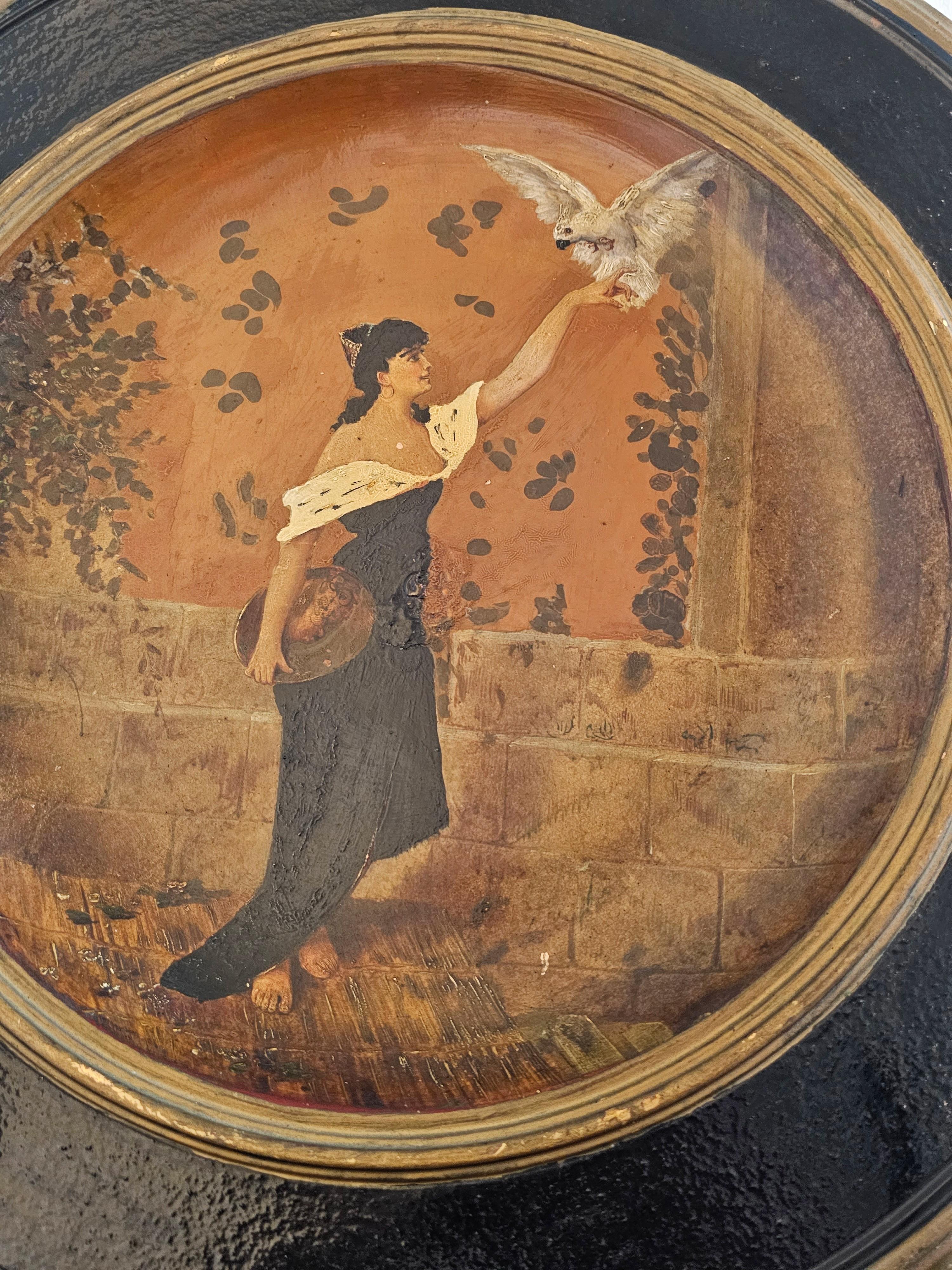 Art nouveau Ancienne assiette murale à charge en terre cuite peinte à la main Art Nouveau allemand en vente