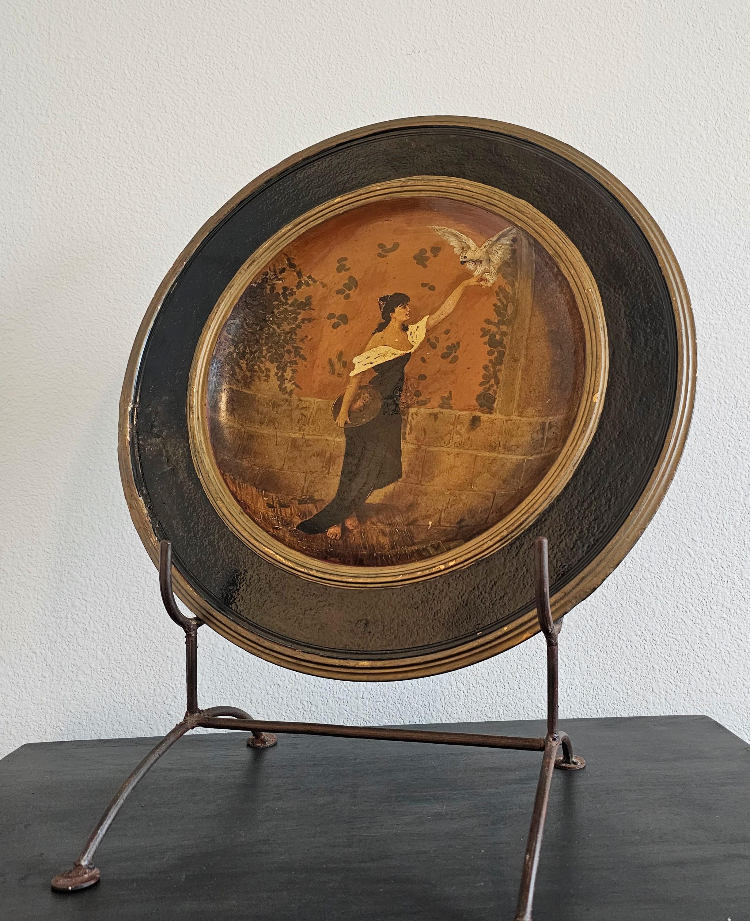 Antique German Art Nouveau Hand Painted Terracotta Charger Wall Plate In Fair Condition For Sale In Forney, TX