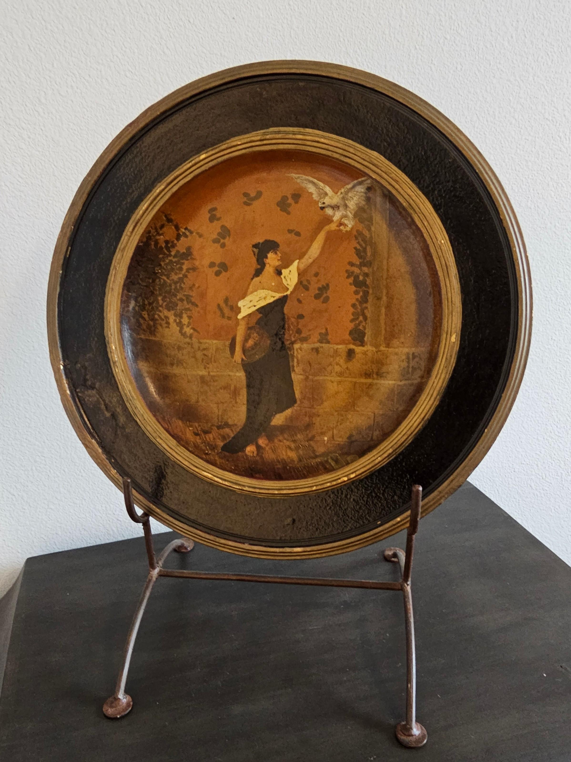 20th Century Antique German Art Nouveau Hand Painted Terracotta Charger Wall Plate For Sale