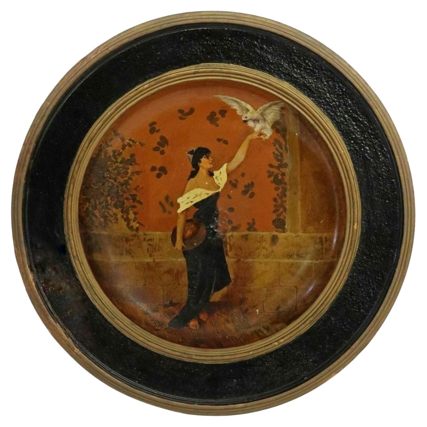 Antique German Art Nouveau Hand Painted Terracotta Charger Wall Plate For Sale