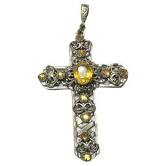 Antique German Art Nouveau Jewelry Cross Crucifix Citrine Stone Pendant, 1900s