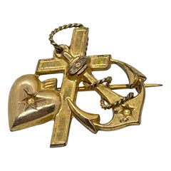 Antico gioiello tedesco Art Nouveau Fede, Amore, Speranza Spilla Ormolu, 1900s