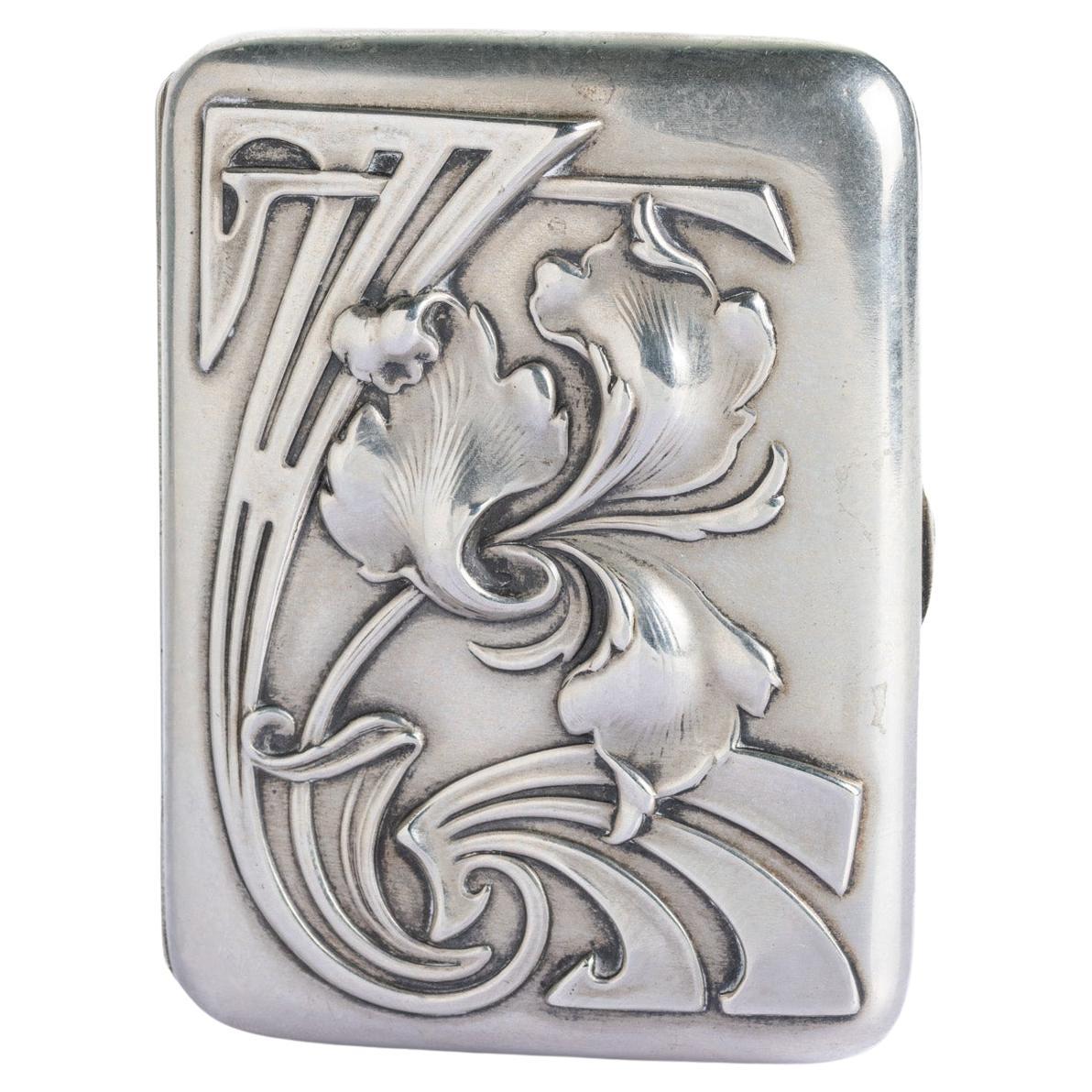 Ancien étui à cigarettes en argent Art Nouveau Jugendstil allemand (c.1900)