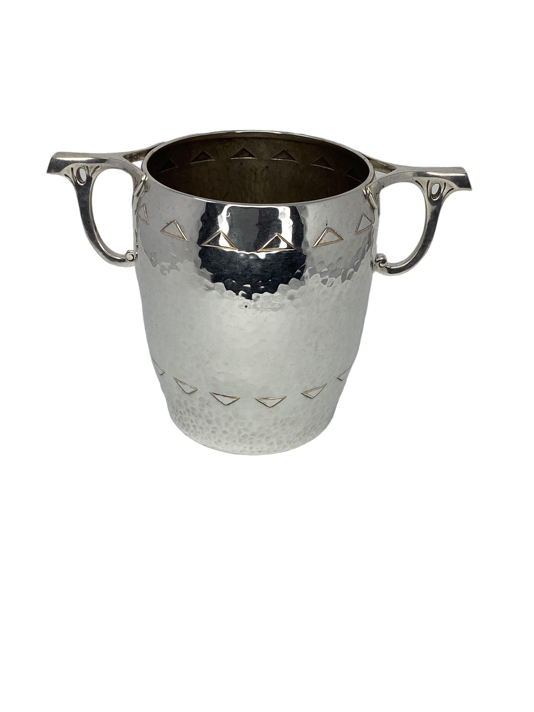 20th Century Antique German Art Noveau Hammered Silver Plate Ice Bucket or Wine Cooler For Sale